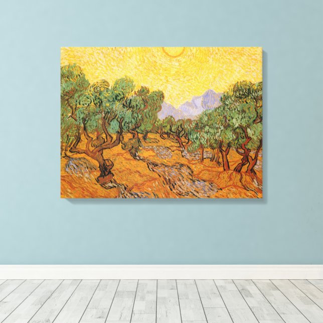 Lienzo Vincent van Gogh - Olivos, cielo amarillo y sol (Insitu (piso de madera))