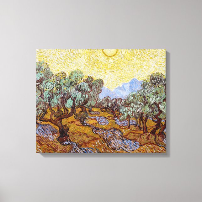 Lienzo Vincent van Gogh - Olivos, cielo amarillo y sol (Anverso)