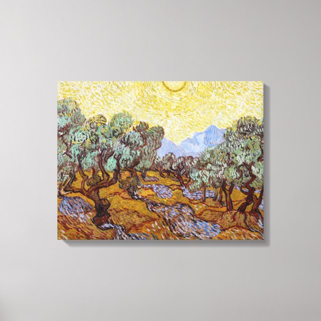 Lienzo Vincent van Gogh - Olivos, cielo amarillo y sol (Anverso)
