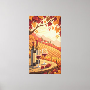 Lienzo Viñedo con botellas de vino y hojas de otoño