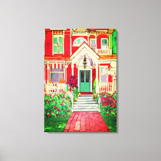 Lienzo Vintae Red Victorian House Trees Flowers