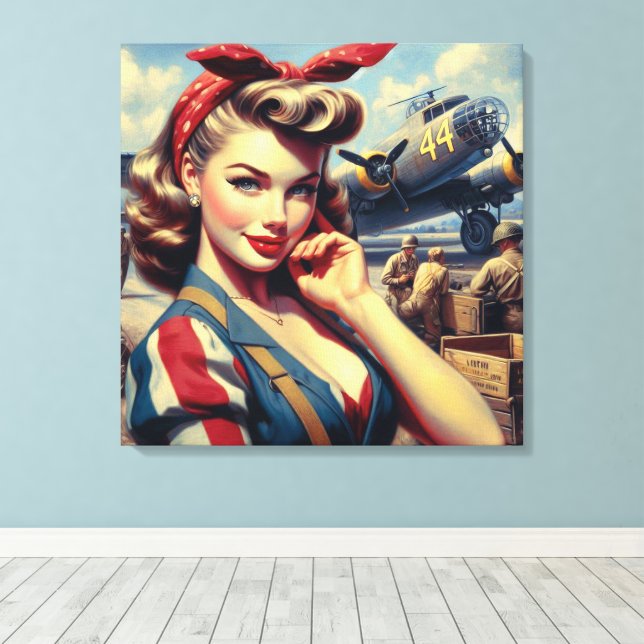 Lienzo Vintage Airplane Pin Up (Insitu (piso de madera))