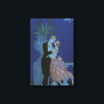 Lienzo Vintage Art Deco Newlyweds, Oui de George Barbier<br><div class="desc">El amor de ilustracion vintage y el romance arte deco imagen con un hombre y una mujer vestidos con traje formal bailando a la luz de la luna; ella está en un elegante vestido de novia que se parece a una flor con pétalos y está en su mejor esmoquin. La...</div>
