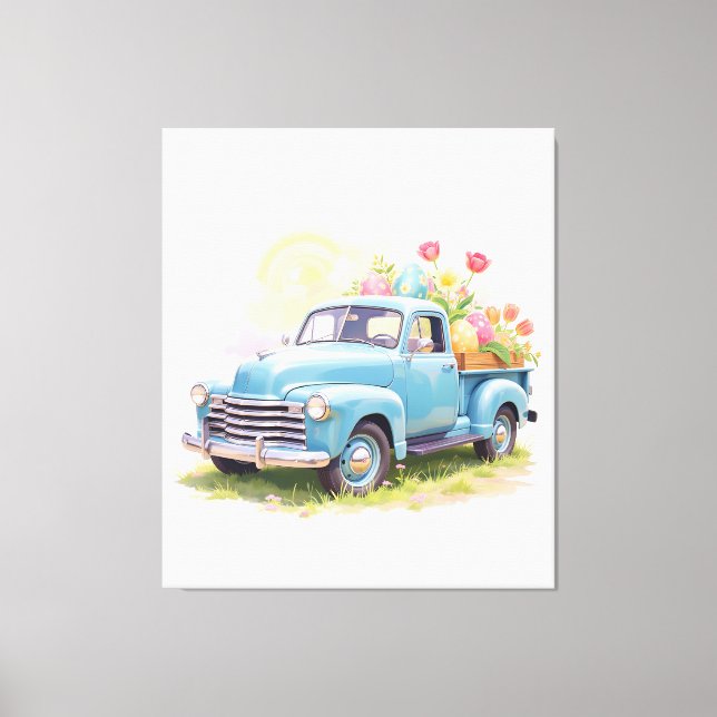 Lienzo Vintage Blue Truck with Easter Eggs & Tulips (Anverso)