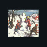Lienzo Vintage Christmas, Children Snowball Fiesta<br><div class="desc">Ilustracion Vintage. Imagen de feriado navideño de Feliz Navidad con niños divirtiéndose afuera con una pelea de bolas de nieve. Los niños están arrojando bolas de nieve y construyendo un muñeco de nieve en un día de invierno.</div>