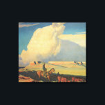 Lienzo Vintage Cowboys, Open Range de Maynard Dixon<br><div class="desc">Open Range (1942) de Maynard Dixon es una pintura de paisaje vintage del arte del oeste americano. Un ranchero vaquero montado a caballo en las llanuras del suroeste. Está arreando sus vacas, toros y ganado en la pradera. Grandes nubes blancas llenan el cielo sobre los campos abiertos de la granja...</div>