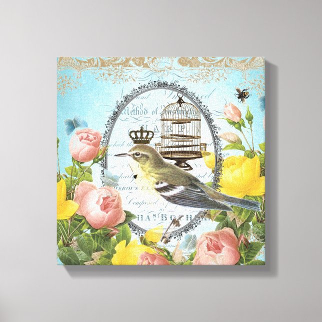 Lienzo Vintage Francés Bird and Birdcage stretching (Anverso)