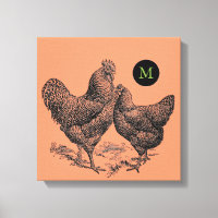 VINTAGE Ilustracion Rooster Hen Monograma Canvas