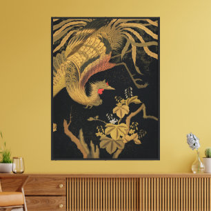 Lienzo Vintage Japonés Phoenix Gold Black Bird