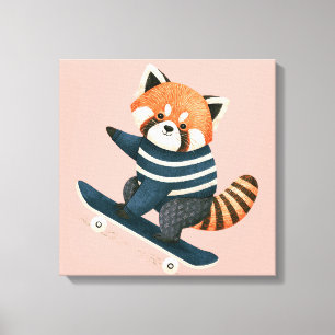 Lienzo Vintage Panda Rojo Lindo Mapache Patinando