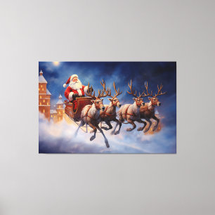 Lienzo Vintage Papá Noel de Navidad en Sleigh Flying