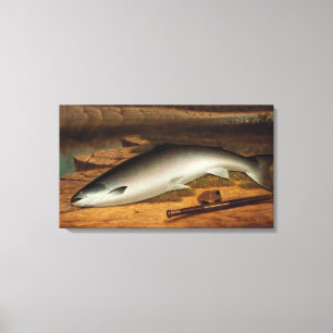 Lienzo Vintage The Big Catch A Salmon on a River Bank