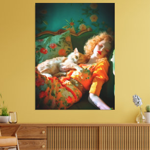 Lienzo Vintage Woman and Cat Wall Art - Floral romántica