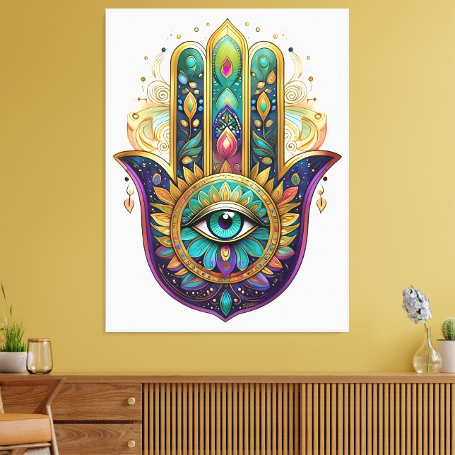 Lienzo Violet Verde Oro Pétalos Hamsa Turquesa Tercer Ojo (Insitu (Sala de estar))