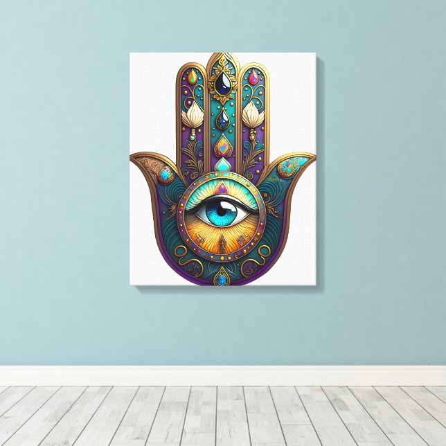 Lienzo Violeta dorado Teal Hamsa con Tercer Ojo Turquesa (Insitu (piso de madera))