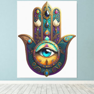 Lienzo Violeta dorado Teal Hamsa con Tercer Ojo Turquesa