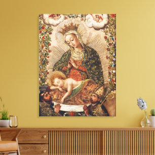 Lienzo Virgen de la Escuela Cuzqueña Antigua Adorando al