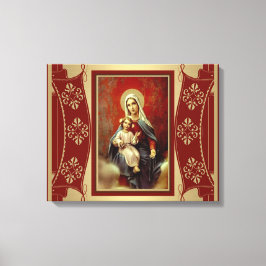 Lienzo Virgen María con Jesús sosteniendo oro rosario