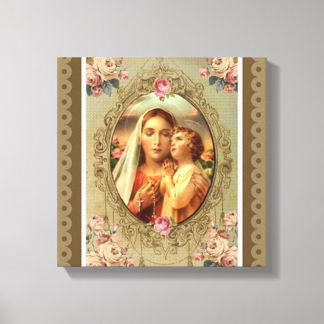 Lienzo Virgen María Madonna Niño Jesús Rosas Rosary (Anverso)