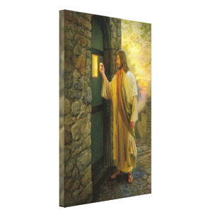 Lienzo Visita al amanecer Jesús tocando una puerta rústic