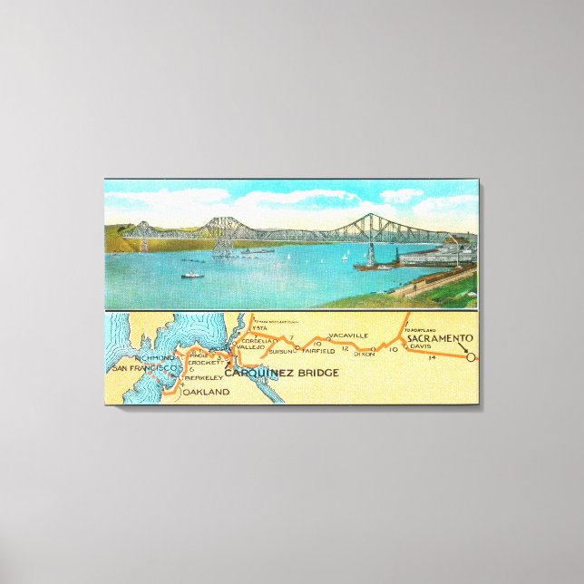 Lienzo Vista aérea del puente y mapa de Carquinez (Anverso)