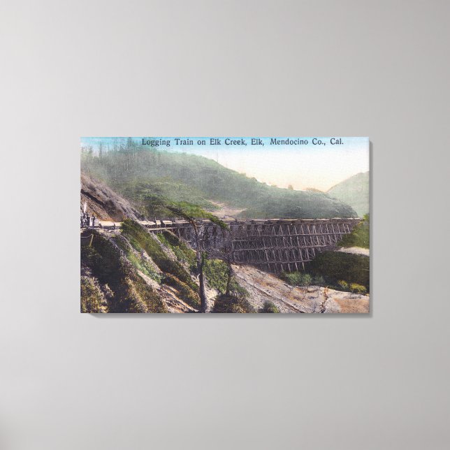 Lienzo Vista de un tren de tala sobre el puente Elk Creek (Anverso)