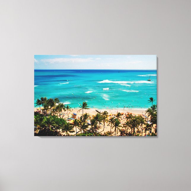 Lienzo Vista elevada de la escena de la playa de Waikiki, (Anverso)