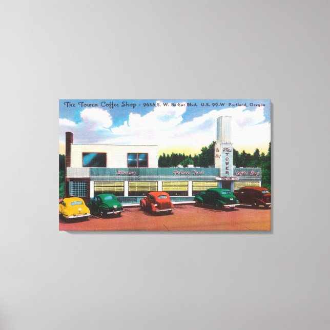 Lienzo Vista exterior de la cafetería Tower (Anverso)