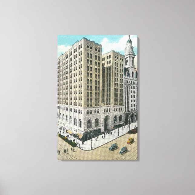 Lienzo Vista exterior de la Caja Nacional de Ahorros (Anverso)