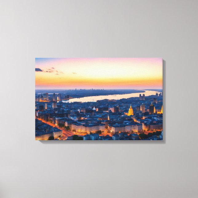 Lienzo Vista panorámica de la ciudad al atardecer (Anverso)