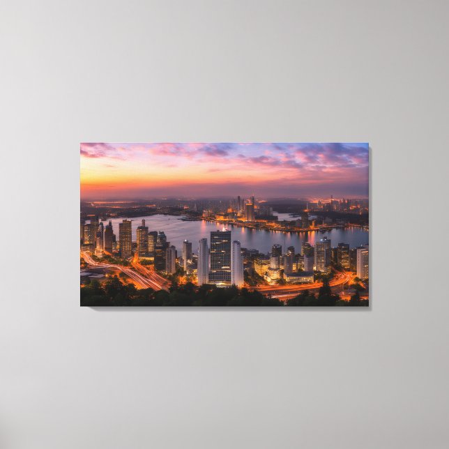 Lienzo Vista panorámica de la ciudad al atardecer (Anverso)