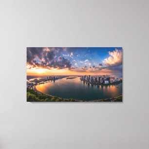Lienzo Vista panorámica de la ciudad al atardecer