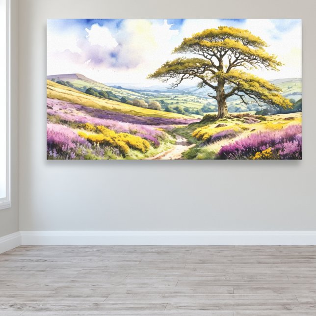 Lienzo Vista rural con roble, colinas y brezo (A scenic landscape picture in a watercolor style, with majestic oak tree and purple heather)