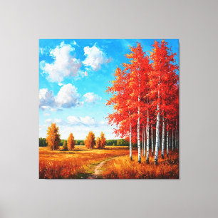 Lienzo Vívido paisaje de otoño con árboles rojos y un sua