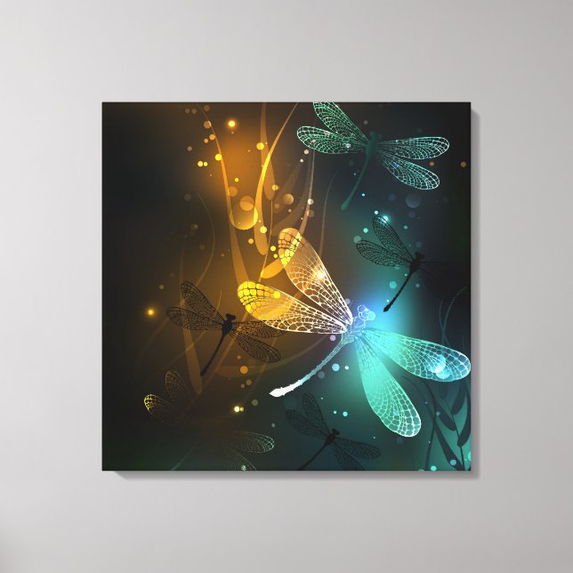 Lienzo Vuelo de libélula luminosa verde (Anverso)