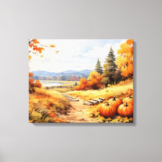 Lienzo Watercolor Autumn Road Pumpkin Caída Saltos (Anverso)