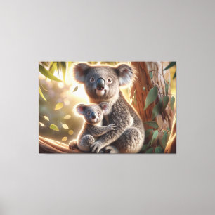 Lienzo Watercolor Koala y Bebé Joey en una pintura de árb