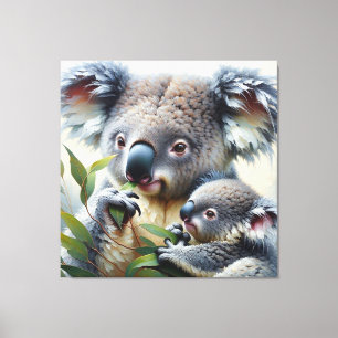 Lienzo Watercolor Koala y Bebé Joey en una pintura de árb
