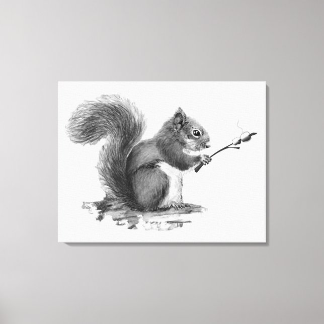 Lienzo Watercolor Squirrel Toasting Marshmallow Animal  (Anverso)