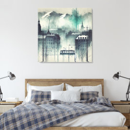 Lienzo Watercolor Urban Scene with Mountains, Trees y
