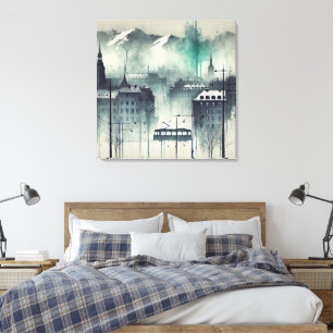 Lienzo Watercolor Urban Scene with Mountains, Trees y
