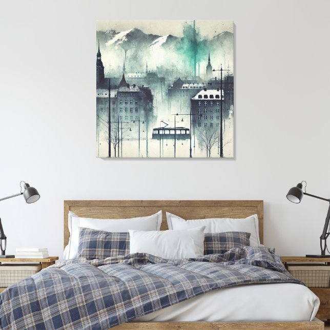 Lienzo Watercolor Urban Scene with Mountains, Trees y (Insitu(Dormitorio))