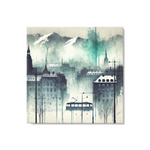 Watercolor Urban Scene with Mountains, Trees y