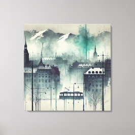 Lienzo Watercolor Urban Scene with Mountains, Trees y