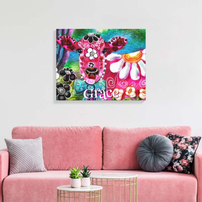 Lienzo Whimsical Floral Cow Pink Teal Black Personalized (Insitu (Sala de estar))