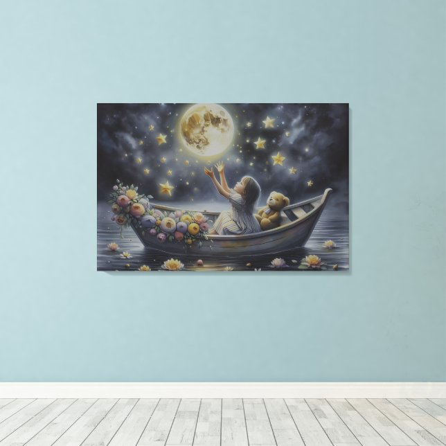 Lienzo Whimsical Girl Moon Dream Fantasy Scene (Insitu (piso de madera))