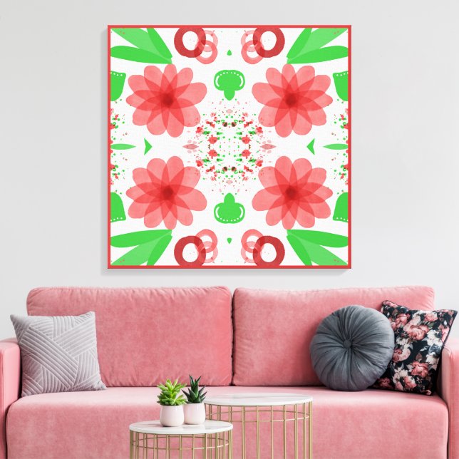 Lienzo Whimsical Red Flowers Green Leaves On White Art (Insitu (Sala de estar))