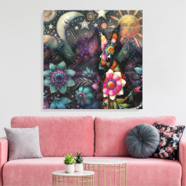 Lienzo Whimsical Southwest Coyote Animal Floral Sun Moon