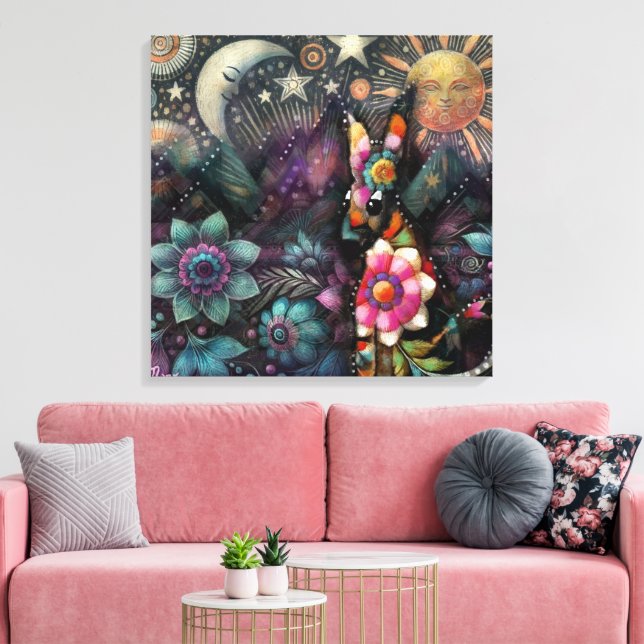 Lienzo Whimsical Southwest Coyote Animal Floral Sun Moon (Insitu (Sala de estar))