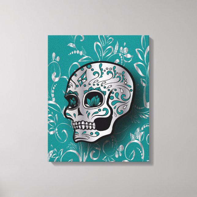 Lienzo Whimsical Verde azulado y Silver Sugar Skull (Anverso)